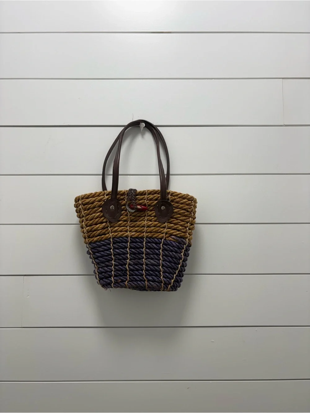 Woven Two-Tone Rope Tote Bag in Brown and Navy